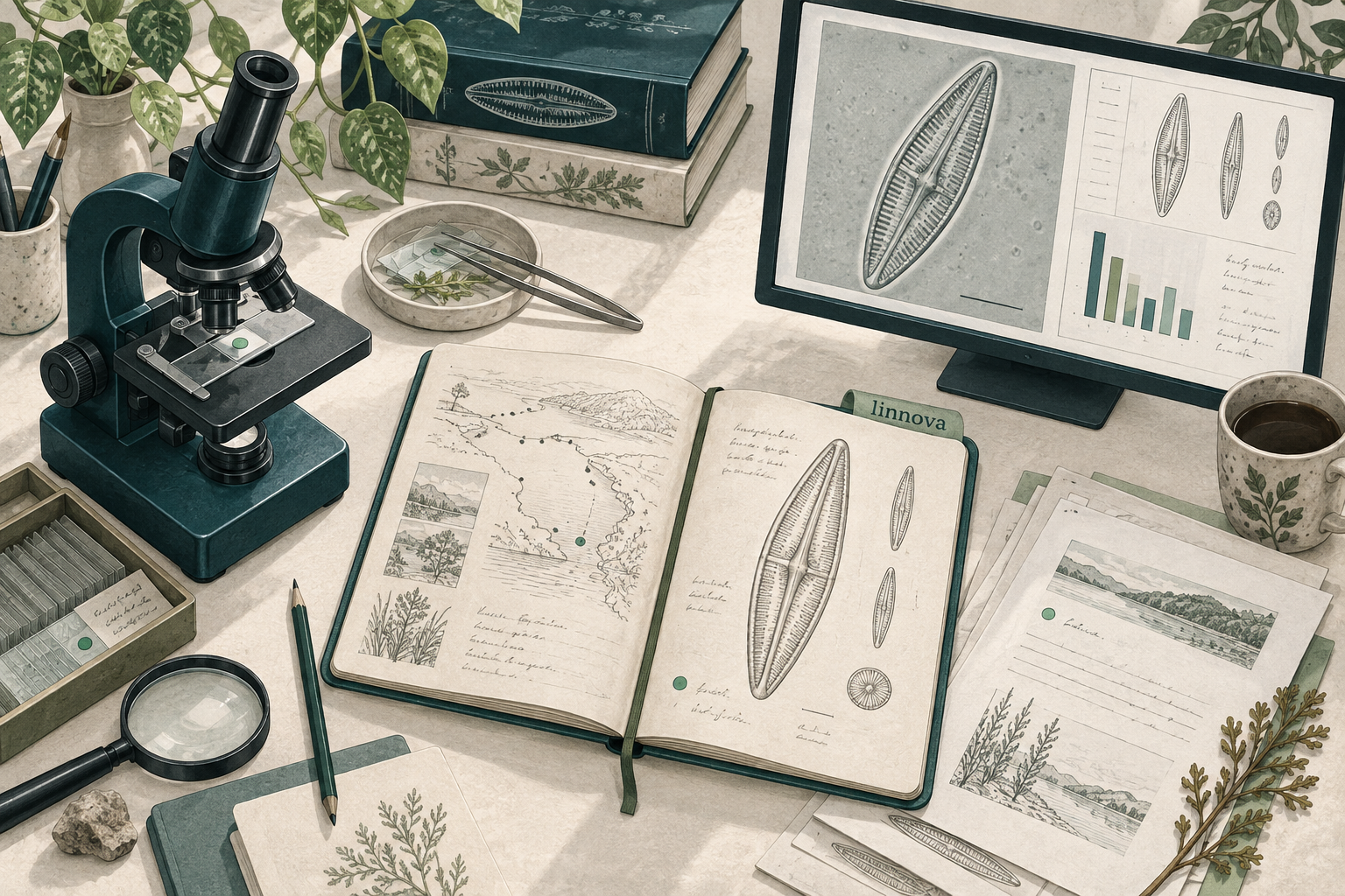 Ilustração do trabalho taxonômico: microscópio, caderno de campo, referências, identificação e relatório